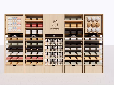 Wooden Retail Display Shelves With Multiple Layers Holding Various Colored Products 3d model