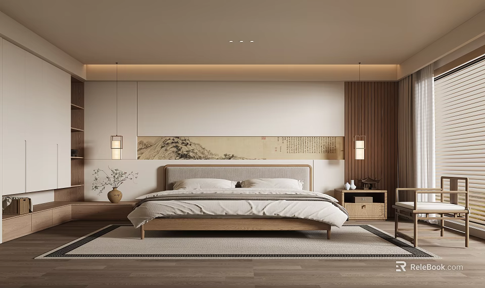 Modern Bedroom Interior With Wooden Bed Wall Art Hanging Lamps And Area Rug 3d model 