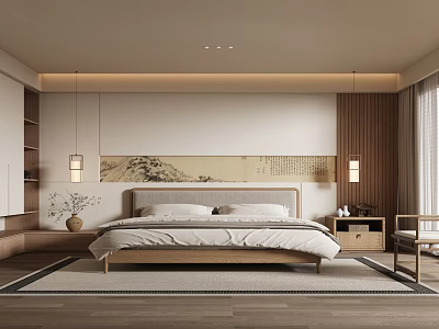 Modern Bedroom Interior With Wooden Bed Wall Art Hanging Lamps And Area Rug 3d model