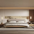 Modern Bedroom Interior With Wooden Bed Wall Art Hanging Lamps And Area Rug