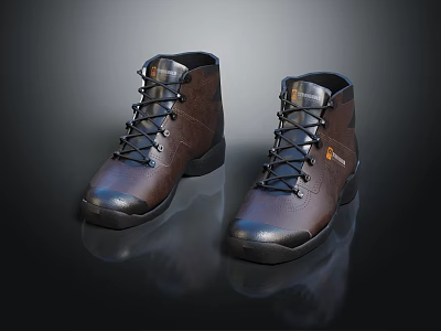 Brown Leather Mid Calf Lace Up Boots With Black Sole For Casual Daily Wear 3d model