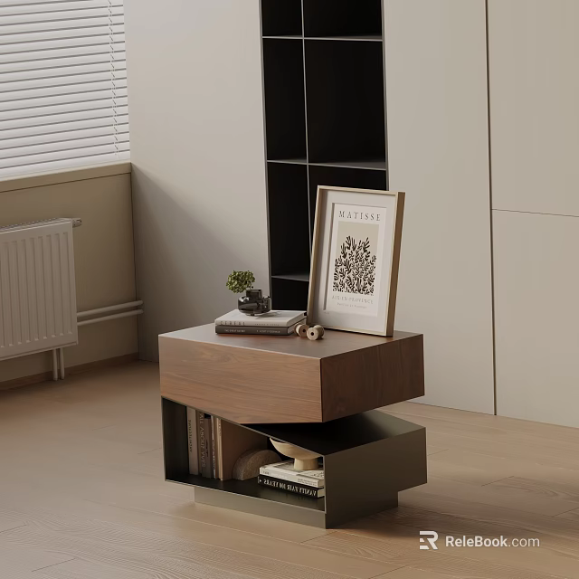 Modern Walnut Bedside Table With Small Potted Plant Picture Frame And Lower Shelf Books 3d model 