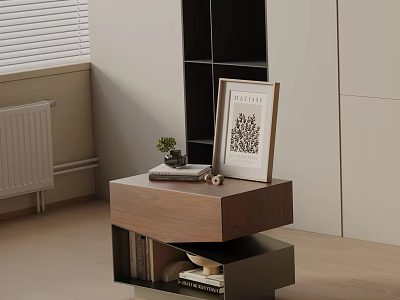 Modern Walnut Bedside Table With Small Potted Plant Picture Frame And Lower Shelf Books 3d model
