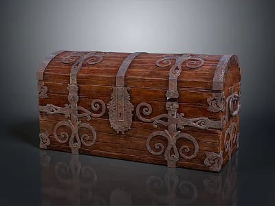 Vintage Wooden Chest With Intricate Carvings And Decorative Metal Hardware 3d model