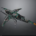 Futuristic Green And Gray Spaceship Model With Mechanical Wings And Engine Details