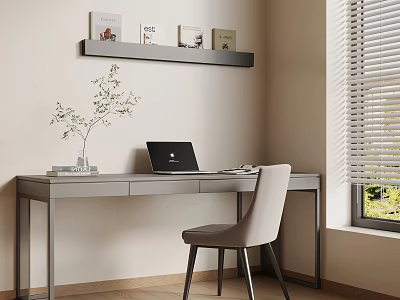Minimalist Modern Workspace With Gray Desk Chair Laptop Plant Wall Shelf And Window Blinds 3d model