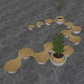 Modern Outdoor Landscape Seats With Wooden Tops And Concrete Bases And Plants