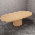 Oval Wooden Dining Table In Room With Gray Patterned Wall And Gray Marble Floor 3d model