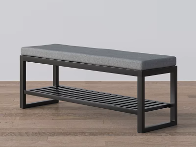 Modern Gray Padded Bench with Black Metal Frame and Slatted Shelf on Wooden Floor 3d model