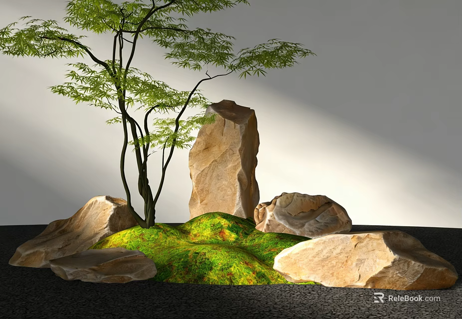 Natural Rockery Stones Arrangement with Green Moss and Leafy Tree in Garden 3d model 