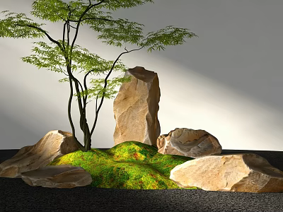 Natural Rockery Stones Arrangement with Green Moss and Leafy Tree in Garden 3d model