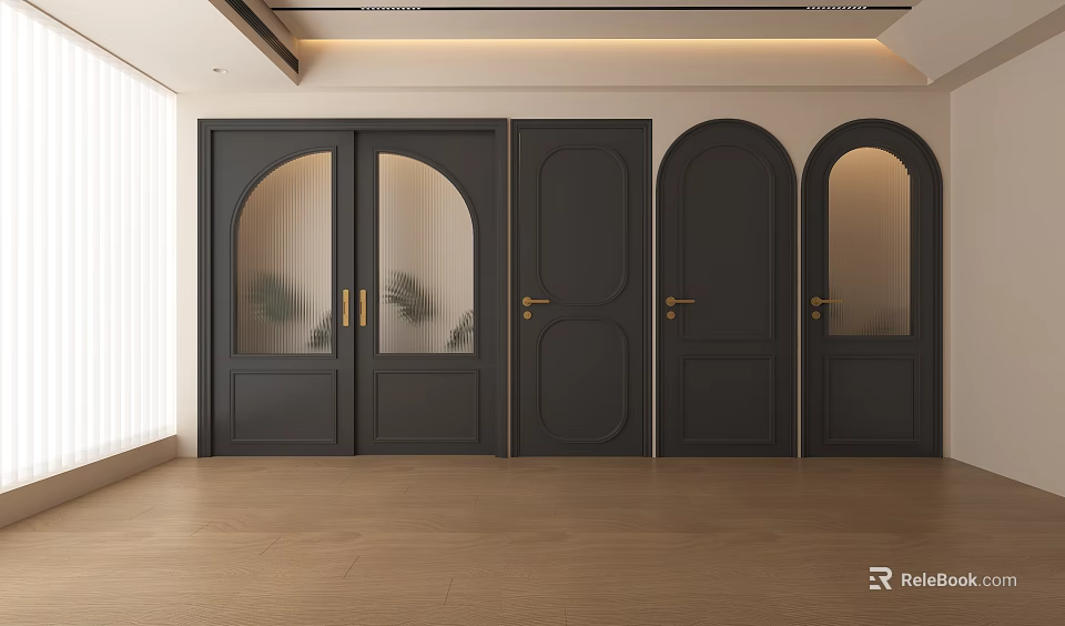 Black Door Arches Design In Modern Interior With Multiple Doors And Wooden Floor 3d model 