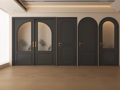 Black Door Arches Design In Modern Interior With Multiple Doors And Wooden Floor 3d model