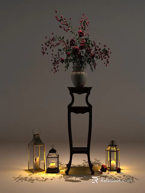Black Classic Flower Stand With White Vase Red Pink Flowers Red Berries And Brass Lanterns 3d model 