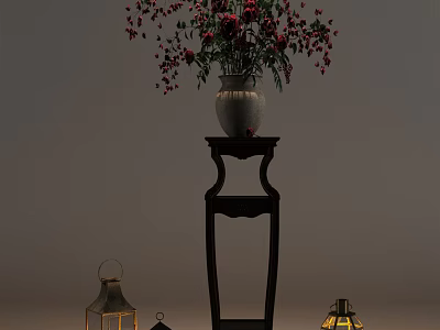 Black Classic Flower Stand With White Vase Red Pink Flowers Red Berries And Brass Lanterns 3d model