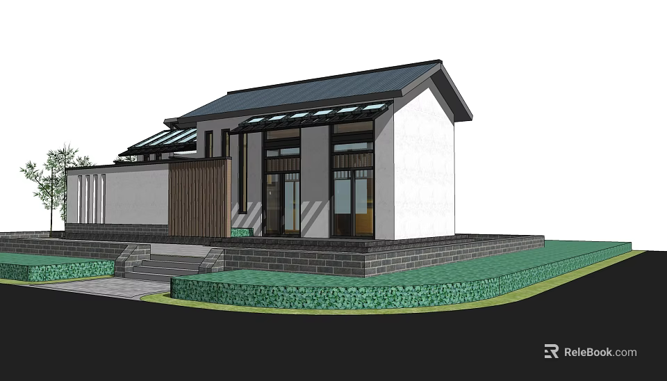 Traditional Chinese House With Black Tile Roof Glass Skylight Stone Base And Green Lawn 3d model 