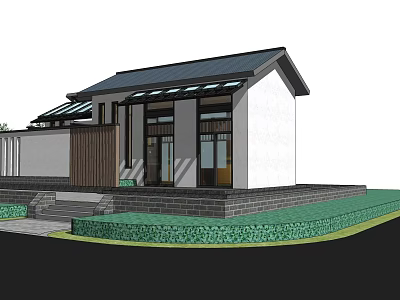 Traditional Chinese House With Black Tile Roof Glass Skylight Stone Base And Green Lawn 3d model