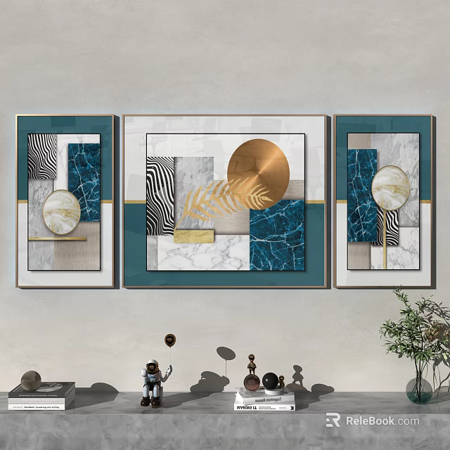 Elegant Modern Wall Art Decor With Teal Gold Geometric Patterns And Circular Elements 3d model