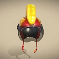 Red Helmet Featuring Yellow Flame Decoration Honeycomb Texture Black Visor And Red Straps
