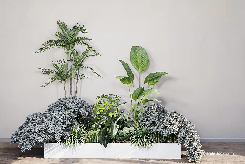 Lush Green Flowers and Plants in White Planter Against Light Wall Indoor Scene 3d model 