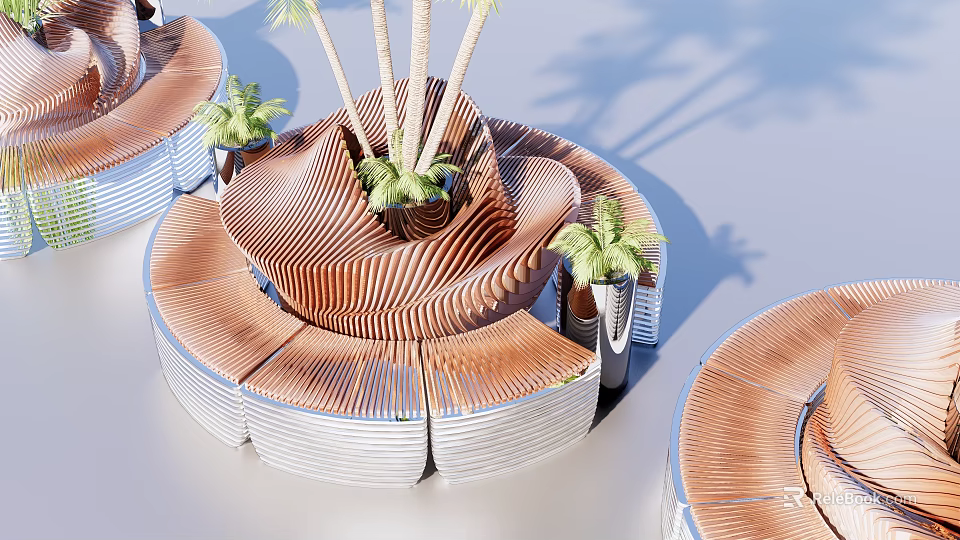 Modern Wooden Curved Landscape Seat With Palm Trees In Outdoor Area 3d model 