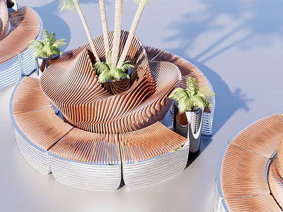 Modern Wooden Curved Landscape Seat With Palm Trees In Outdoor Area 3d model