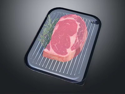 Fresh Raw Ribeye Steak on Black Baking Tray with Rosemary Garnish 3d model