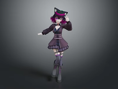 Anime Style Stylish Game Movie Character With Purple Hair Cat Ears And Knee High Boots 3d model