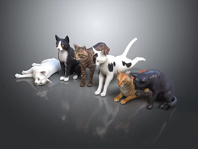 Collection of Multiple Colorful Cat Figurines With Various Poses On Reflective Surface 3d model