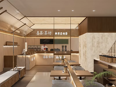 Modern Bubble Tea Shop Interior With Wooden Counter Seating Area And Warm Lighting 3d model