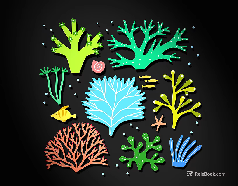 Colorful Marine Life Wall Decor With Corals Starfish Small Fish And Shell Elements 3d model