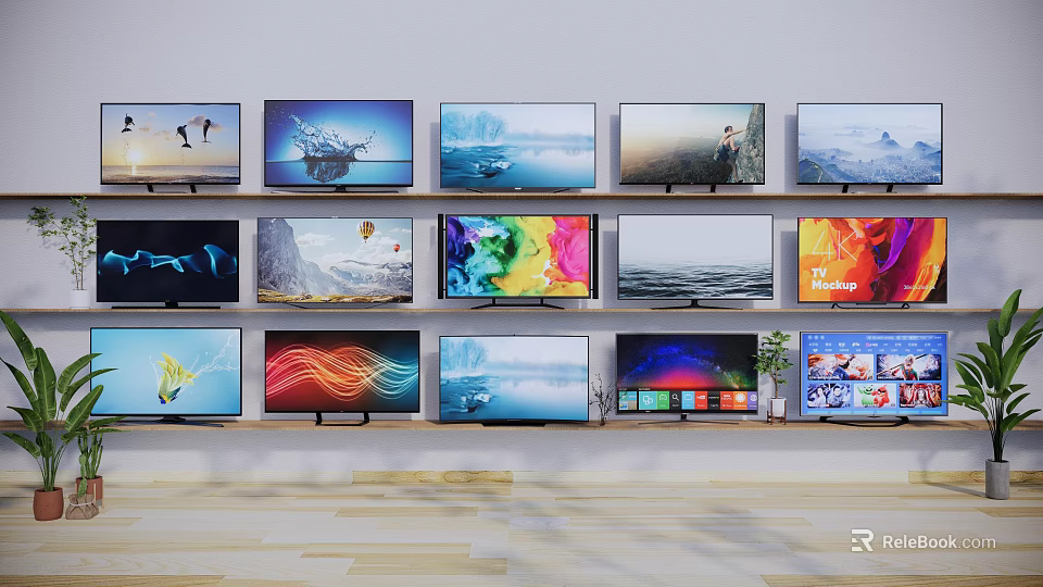 Multiple Modern TVs on Wall with Various Screen Displays and Visual Content 3d model