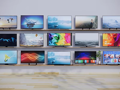 Multiple Modern TVs on Wall with Various Screen Displays and Visual Content 3d model