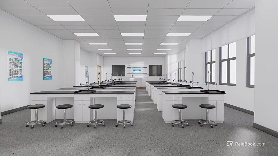 School Science Laboratory With Rows Of Lab Tables Black Stools And Windows 3d model