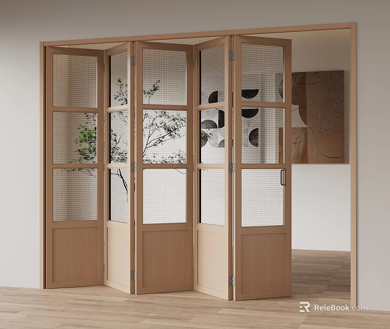 Modern Wooden Folding Door Interior Design With Glass Grid Panels And Decorative Wall 3d model 