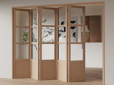 Modern Wooden Folding Door Interior Design With Glass Grid Panels And Decorative Wall 3d model