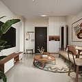 Modern Living Dining Room Interior With TV Indoor Plants Round Coffee Table And Wall Art
