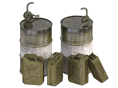 Industrial Equipment Featuring Rusted Metal Drums With Taps And Green Jerry Cans 3d model