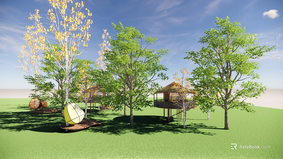 Garden Landscape Design With Green Trees Wooden Pavilions And Lawn Area 3d model 