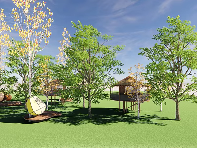 Garden Landscape Design With Green Trees Wooden Pavilions And Lawn Area 3d model
