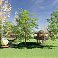Garden Landscape Design With Green Trees Wooden Pavilions And Lawn Area