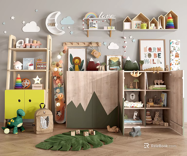 Kids Room Wooden Bookcase With Toys Books And Colorful Decorations On Green Rug 3d model 
