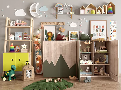 Kids Room Wooden Bookcase With Toys Books And Colorful Decorations On Green Rug 3d model