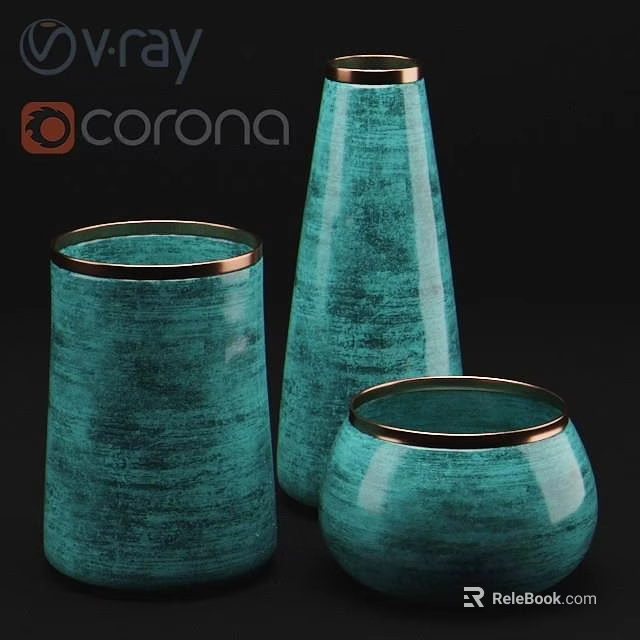 Three Piece Teal Decorative Ornament Set With Gold Rim Modern Design 3d model 