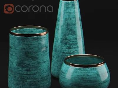 Three Piece Teal Decorative Ornament Set With Gold Rim Modern Design 3d model