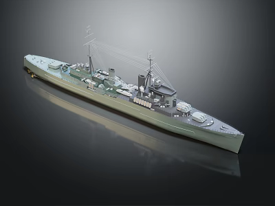 Detailed Warship Model With Green Hull Structural Details And Dark Background Reflection 3d model