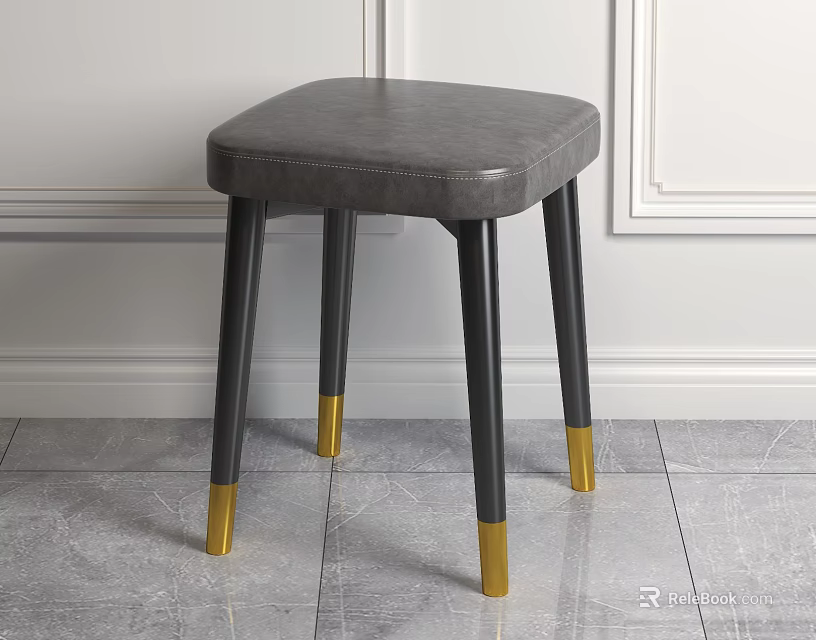Modern Gray Leather Square Stool With Stitched Seat Black Legs And Golden Feet 3d model 
