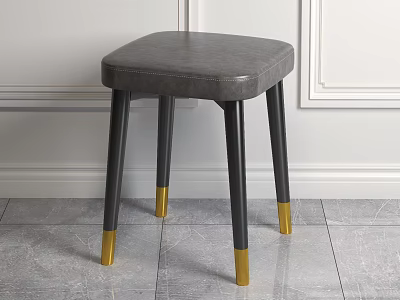 Modern Gray Leather Square Stool With Stitched Seat Black Legs And Golden Feet 3d model