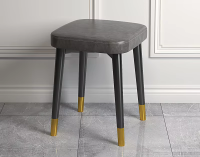 Modern Gray Leather Square Stool With Stitched Seat Black Legs And Golden Feet 3d model