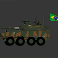 Brazilian Military Vehicle with Camouflage Paint and Six Wheels Displaying National Flag